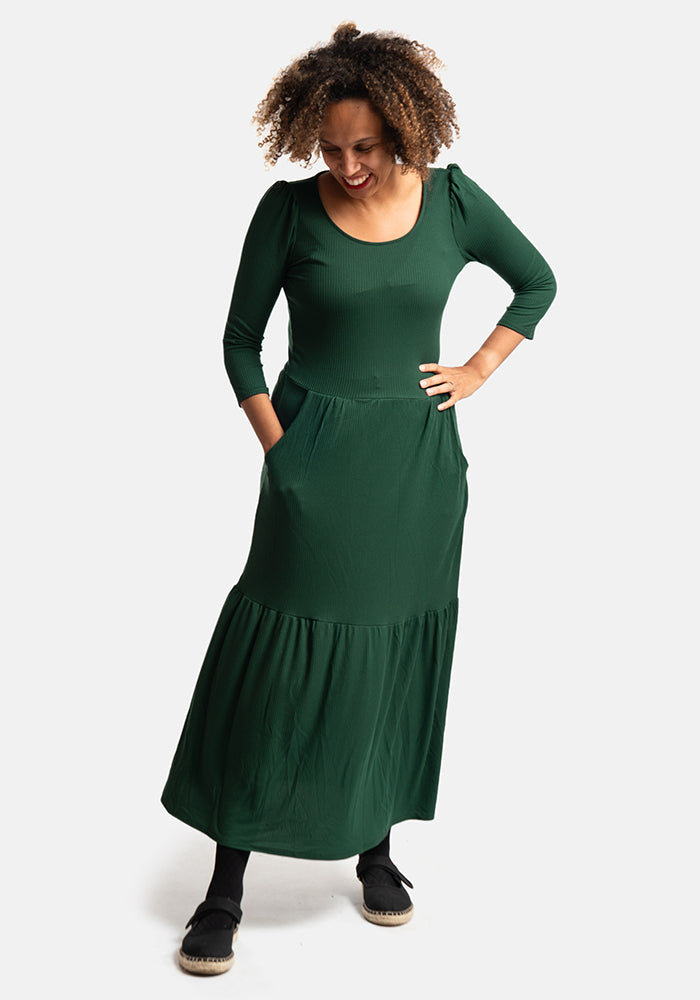 Front view of Jensen Bottle Green Rib Midaxi Dress