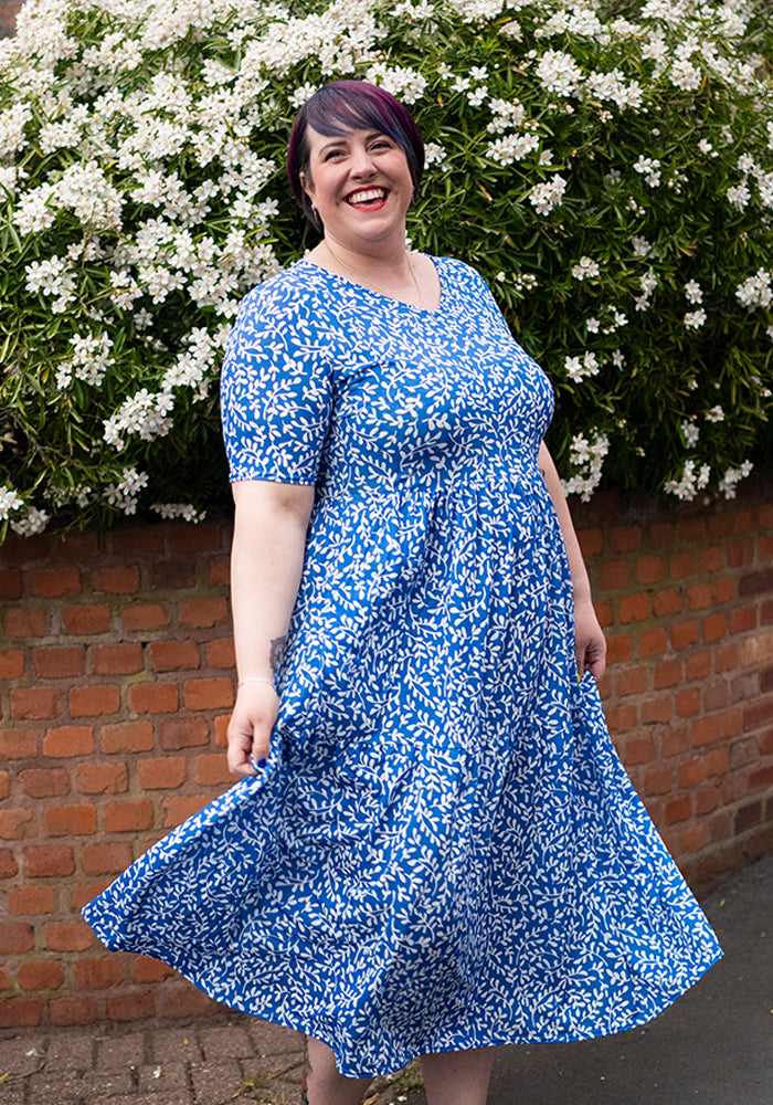 Front view of Jessamine Blue Sprig Print Tiered Hem Midaxi Dress