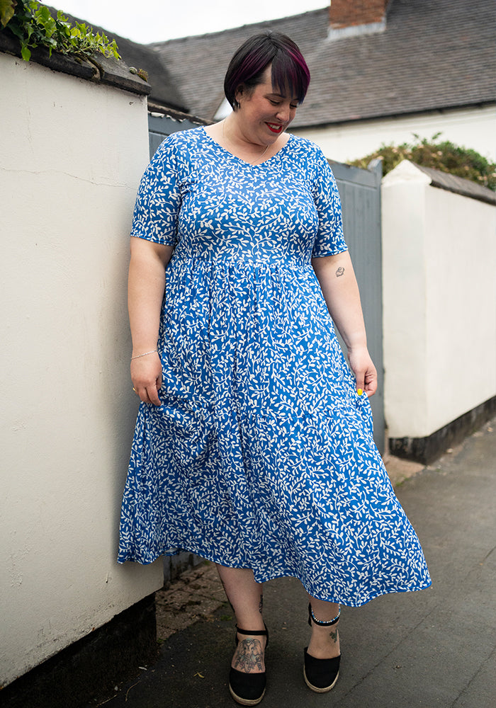 Fifth angle of Jessamine Blue Sprig Print Tiered Hem Midaxi Dress