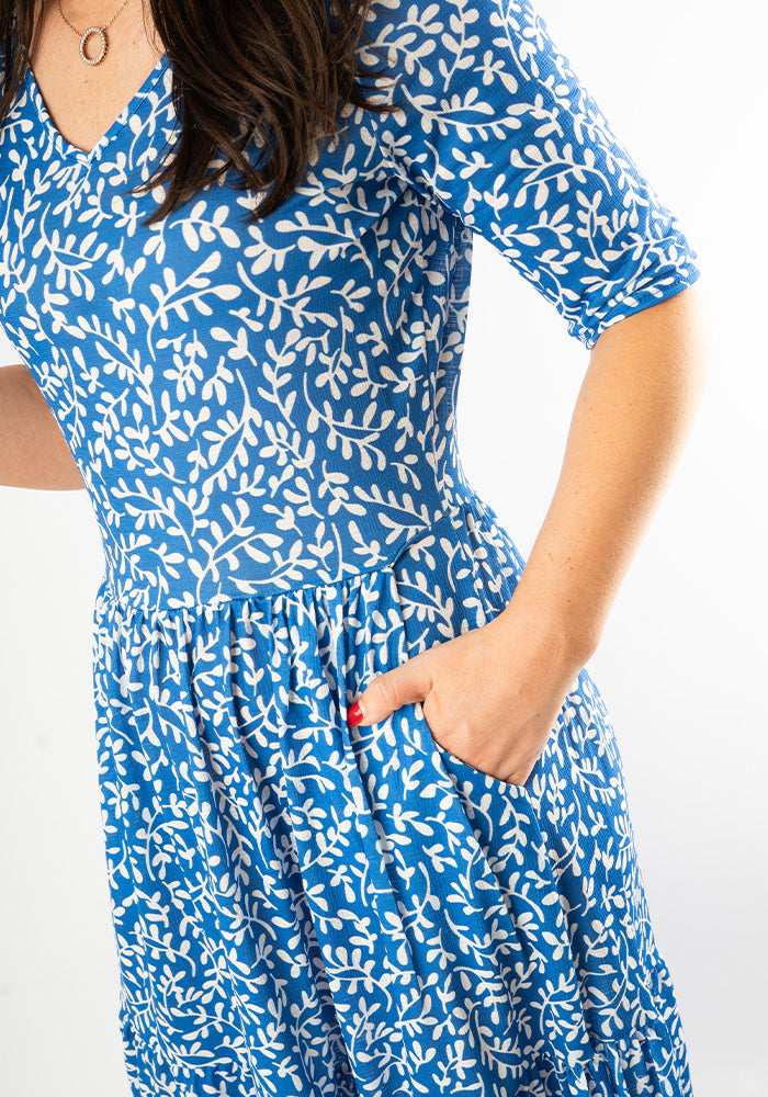 Seventh angle of Jessamine Blue Sprig Print Tiered Hem Midaxi Dress