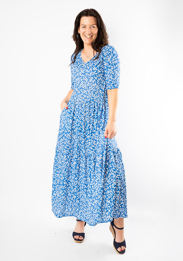 Third angle of Jessamine Blue Sprig Print Tiered Hem Midaxi Dress