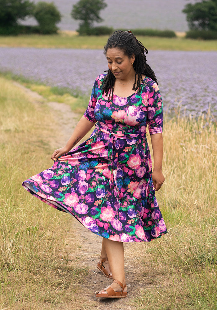 Jessamy Pink & Purple Blurred Floral Print Cotton Swing Dress