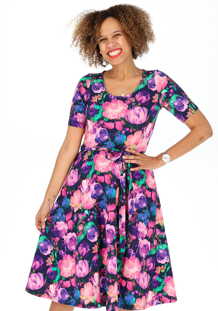 Front view of Jessamy Blurred Floral Print Cotton Swing Dress