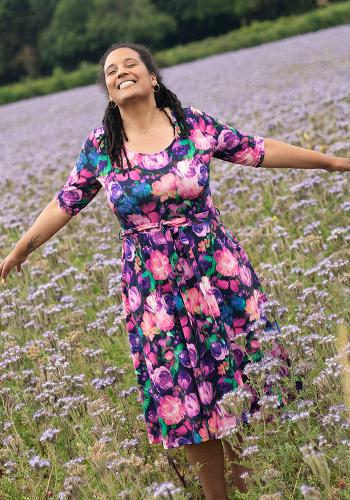 Jessamy Pink & Purple Blurred Floral Print Cotton Swing Dress