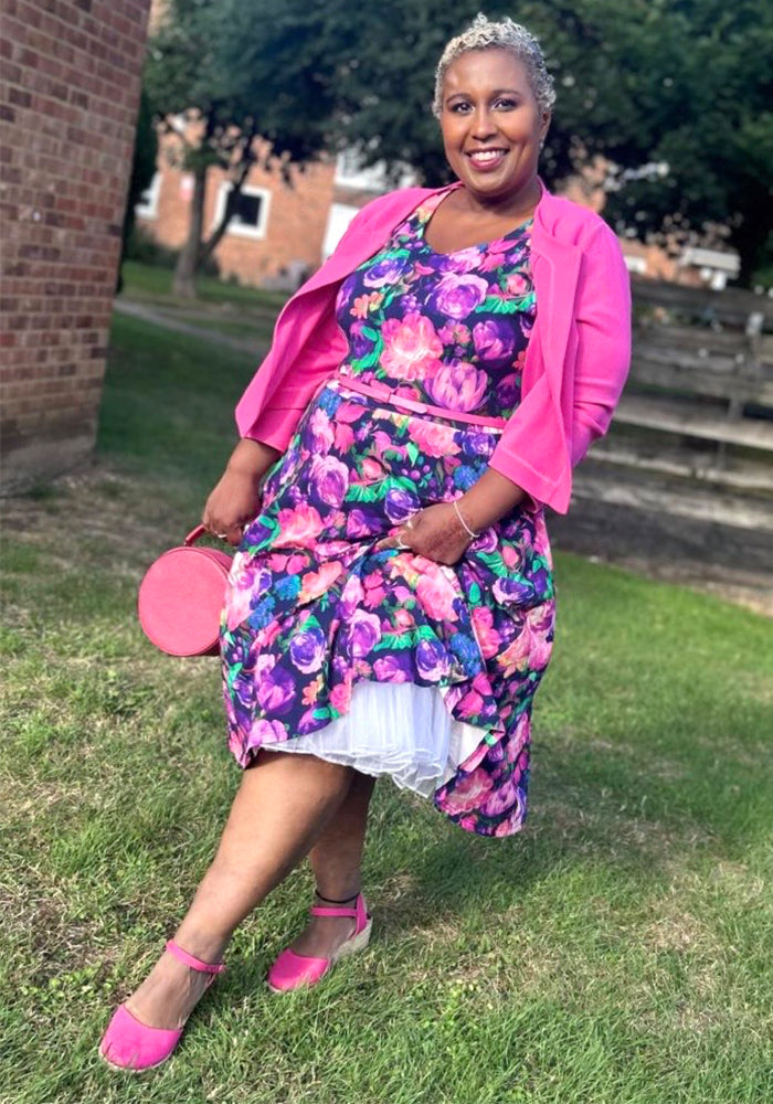 Jessamy Pink & Purple Blurred Floral Print Cotton Swing Dress