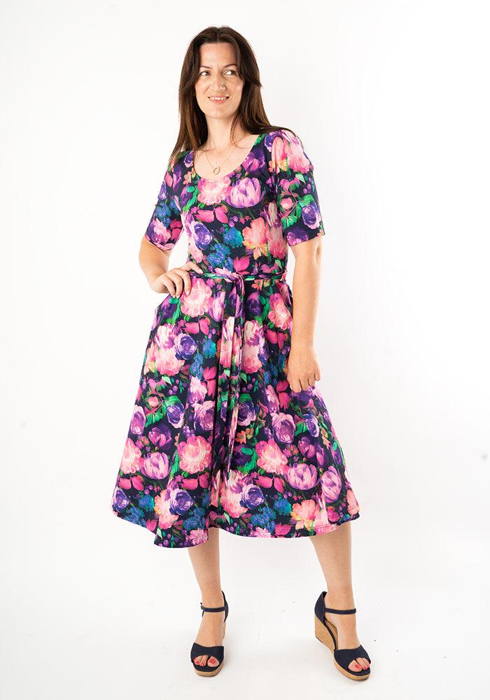 Jessamy Pink & Purple Blurred Floral Print Cotton Swing Dress