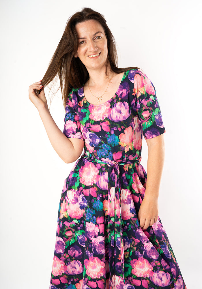 Jessamy Pink & Purple Blurred Floral Print Cotton Swing Dress