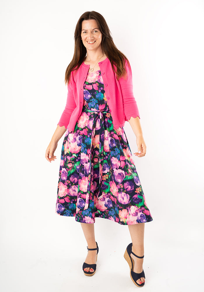 Jessamy Pink & Purple Blurred Floral Print Cotton Swing Dress