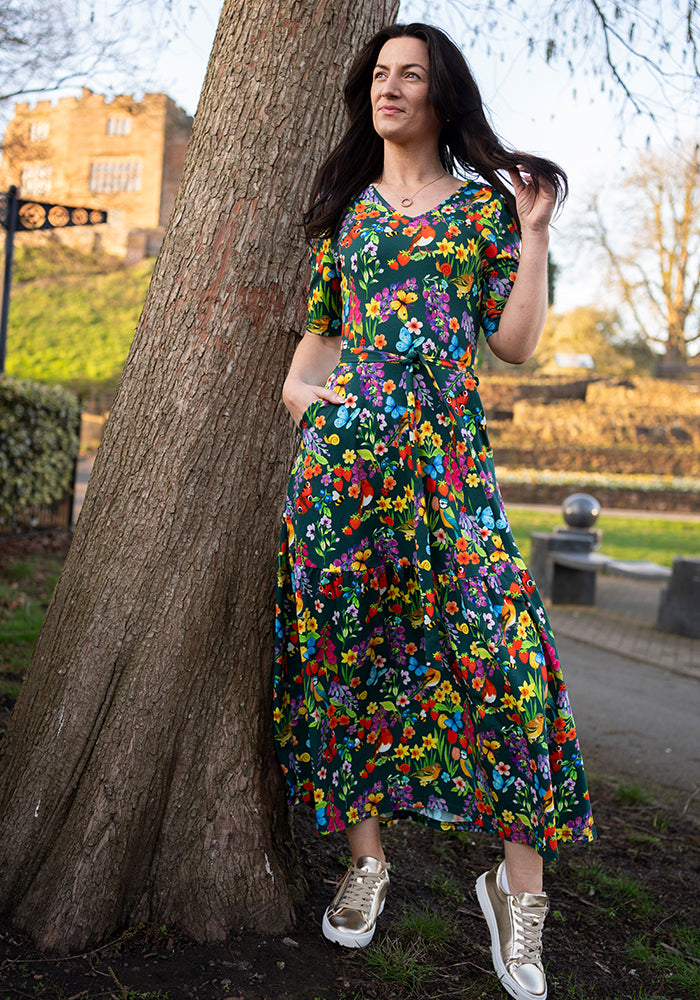 Fourth angle of Jianna Floral Bird Garden Print Cotton Midaxi Dress