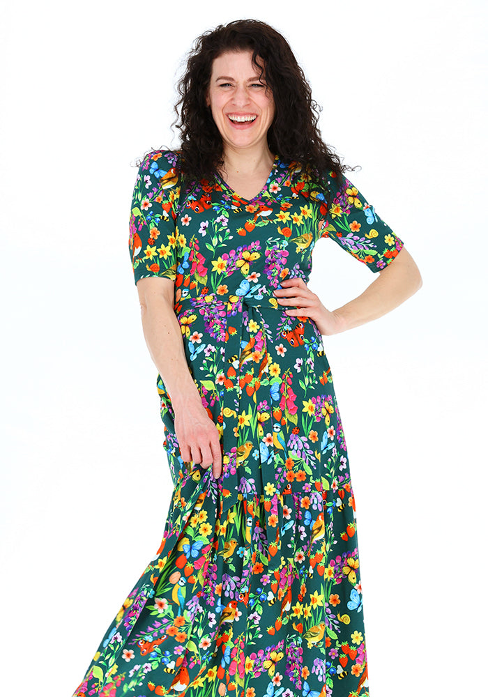 Eighth angle of Jianna Floral Bird Garden Print Cotton Midaxi Dress