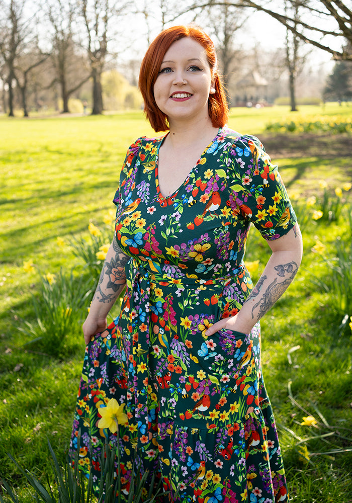 Front view of Jianna Floral Bird Garden Print Cotton Midaxi Dress