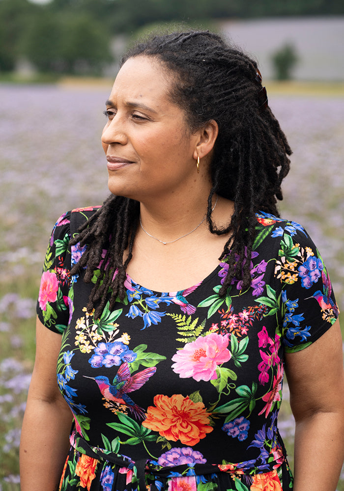 Ninth angle of Jolanda Botanical Bird Print Viscose Midaxi Dress