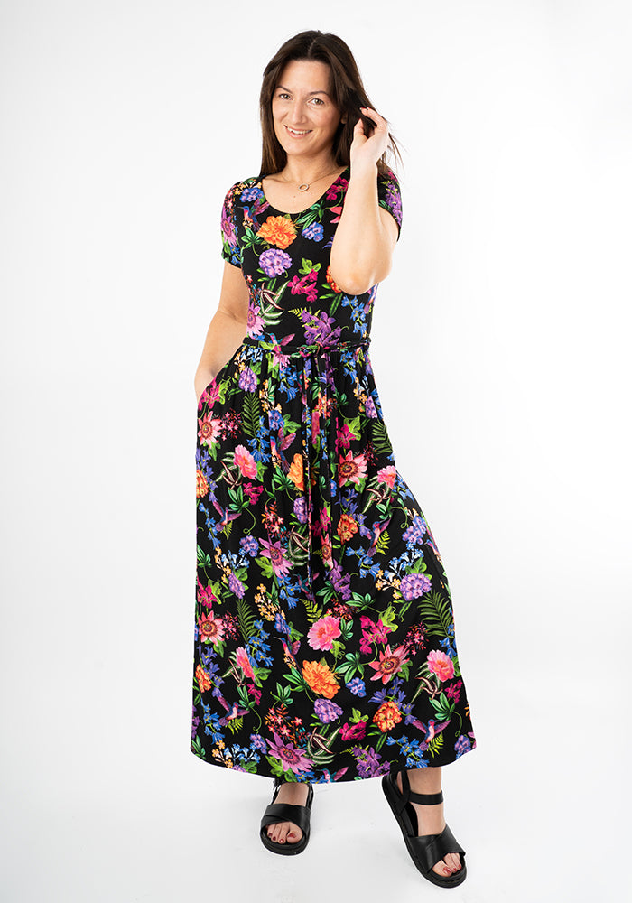 Front view of Jolanda Botanical Bird Print Viscose Midaxi Dress