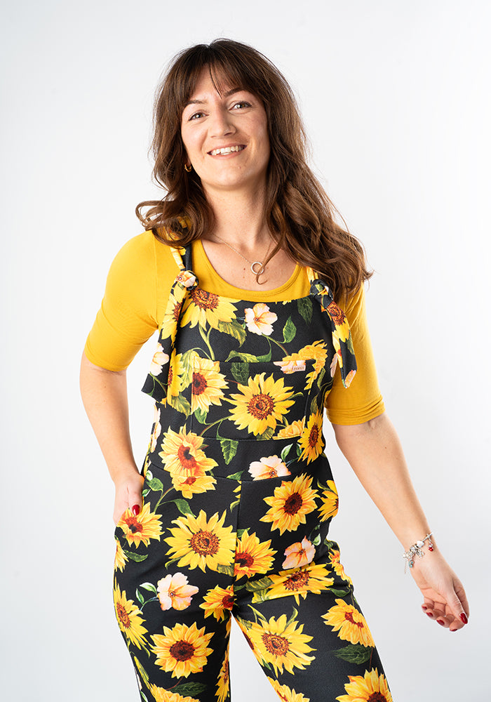 Third angle of Jordan Black Sunflower Print Dungaree