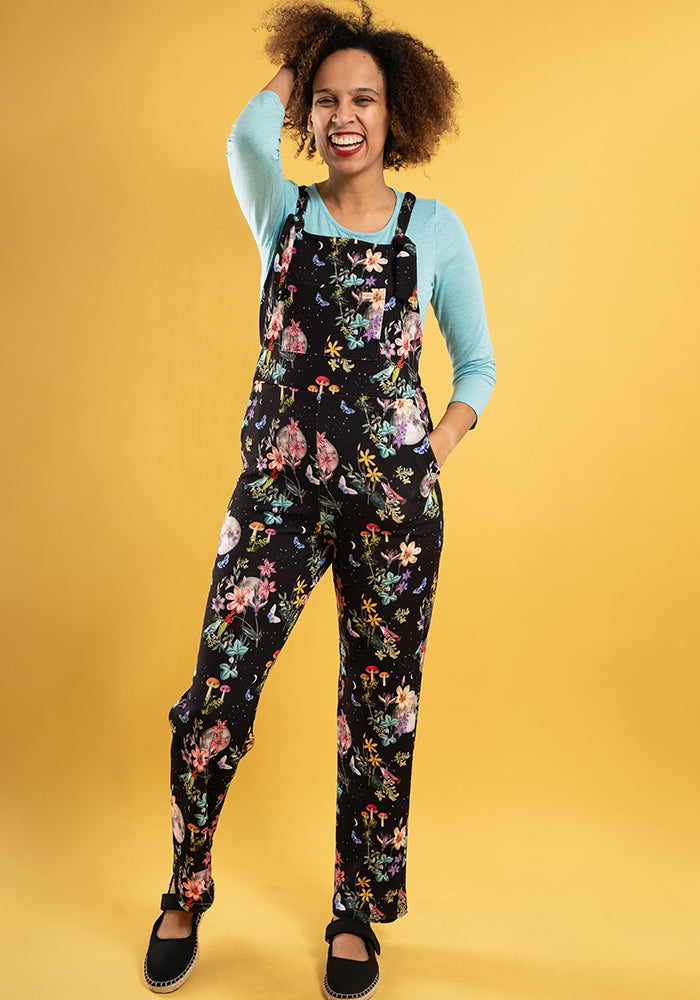 Ninth angle of Jordan Black Botanical Moon Print Dungaree