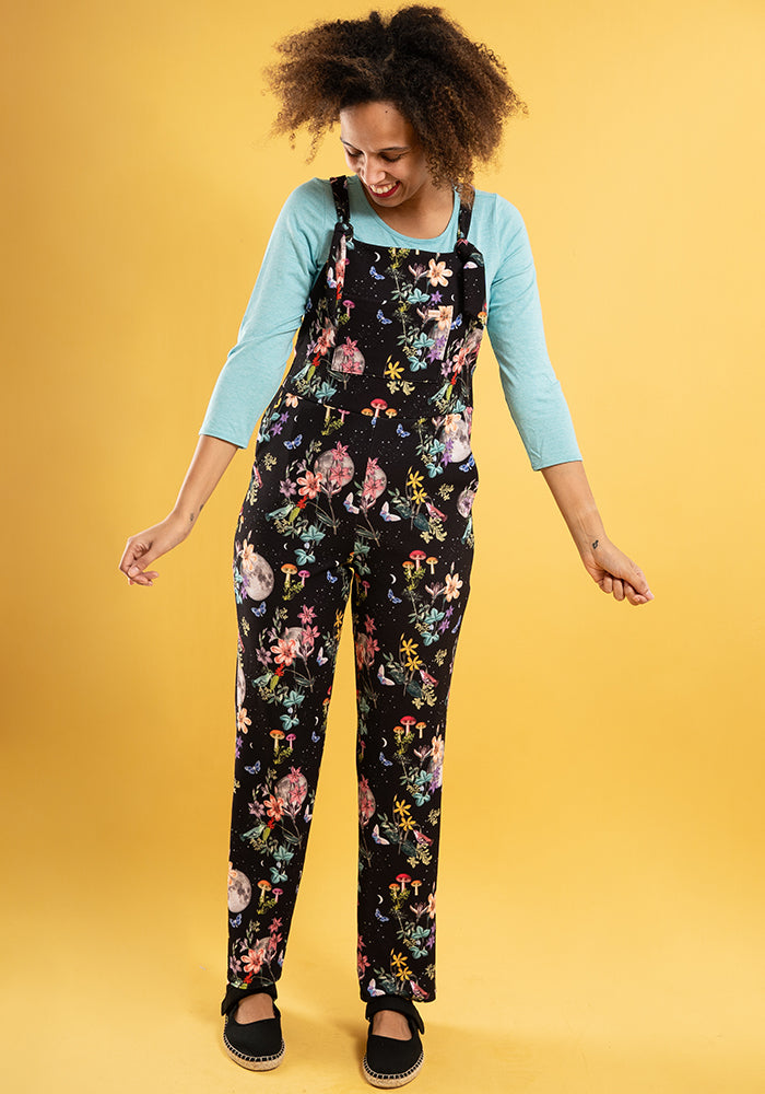 Sixth angle of Jordan Black Botanical Moon Print Dungaree