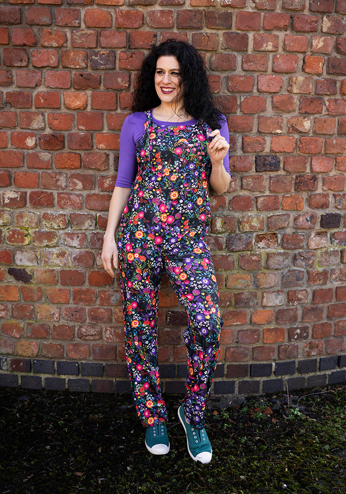 Front view of Jordan Hidden Cat Print Textured Crepe Dungaree