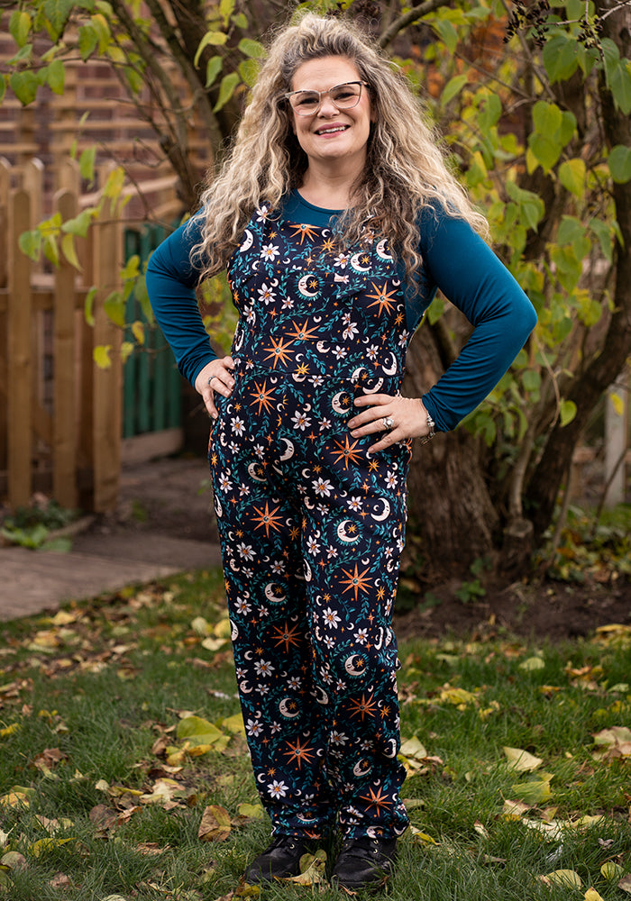 Front view of Jordan Celestial Moon Print Full Length Dungaree