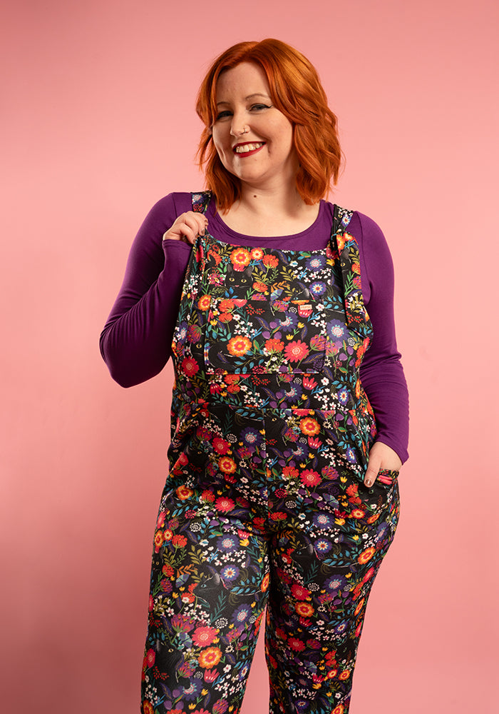 Fourteenth angle of Jordan Hidden Cat Print Textured Crepe Dungaree