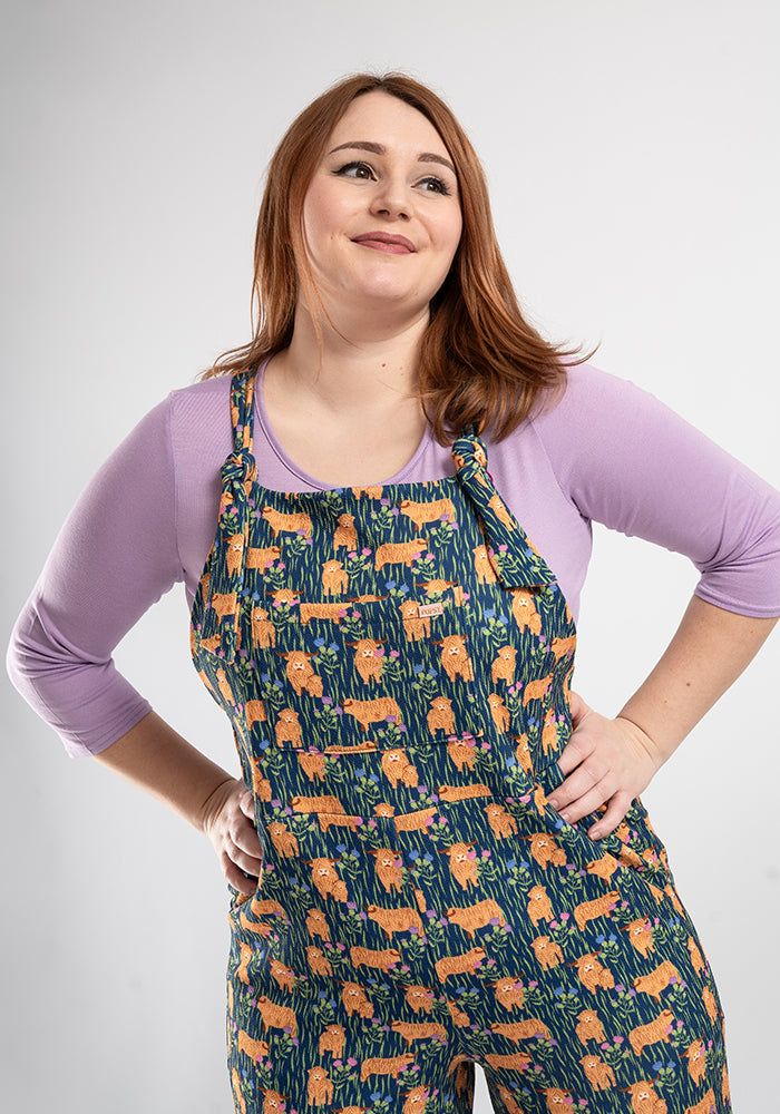 Front view of Jordan Highland Cow Print Textured Crepe Dungaree