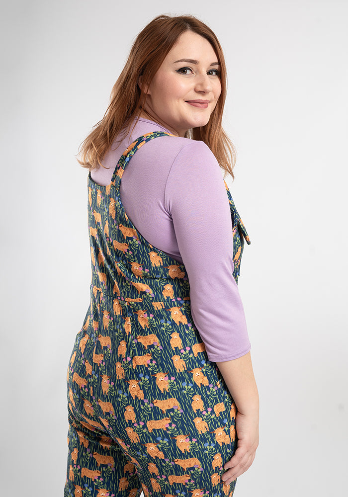 Sixth angle of Jordan Highland Cow Print Textured Crepe Dungaree