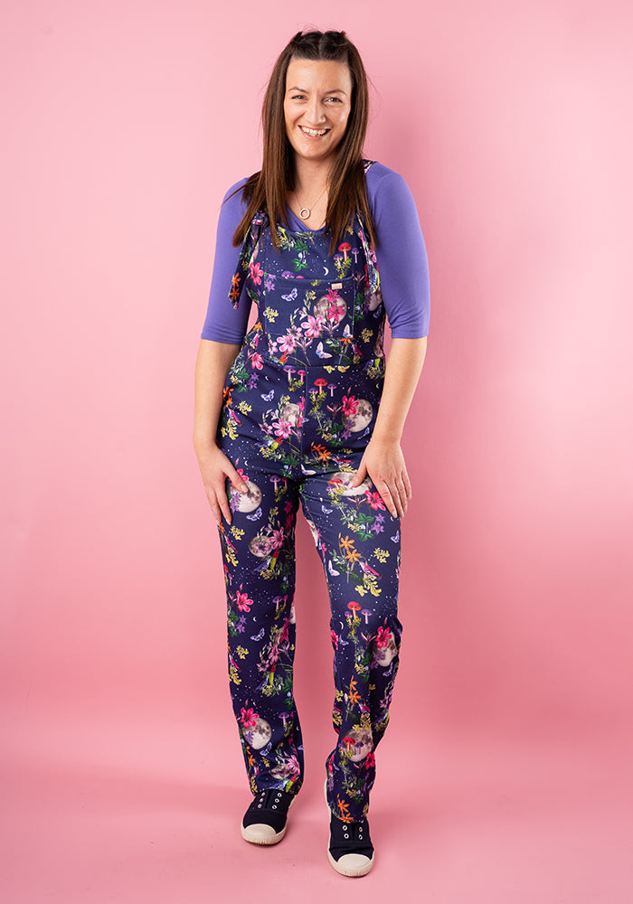 Front view of Jordan Purple Botanical Moon Print Dungaree