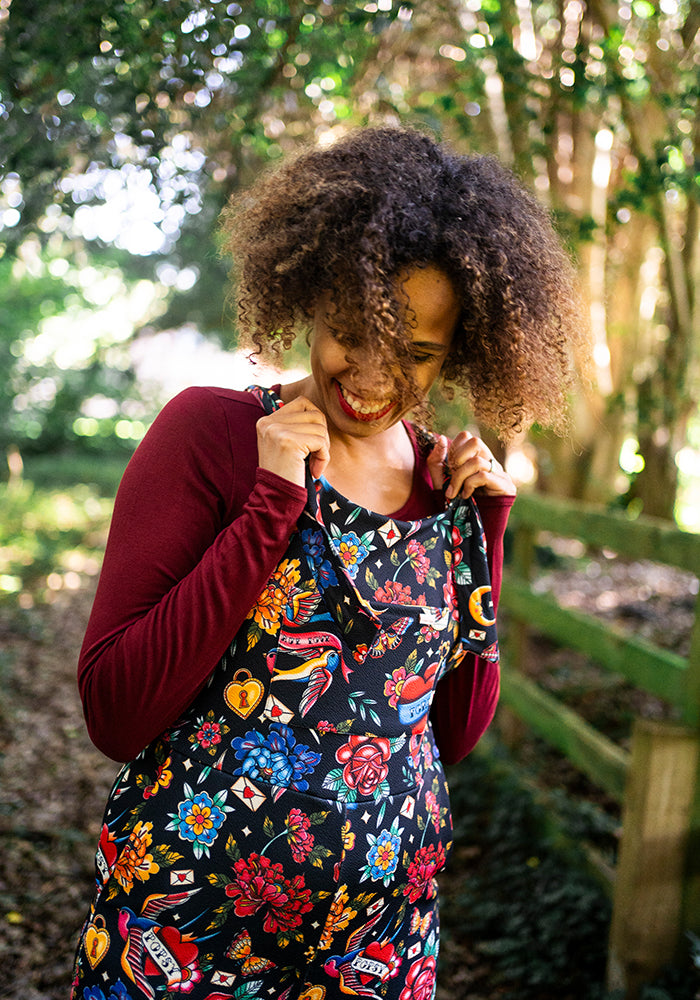 Front view of Jordan Tattoo Print Dungaree