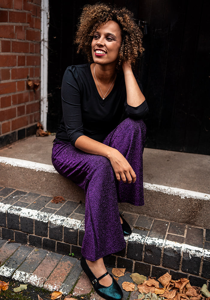 Third angle of Josey Black &amp; Purple Full Leg Trousers