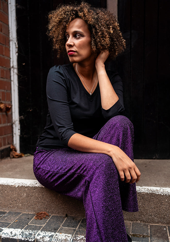 Ninth angle of Josey Black &amp; Purple Full Leg Trousers
