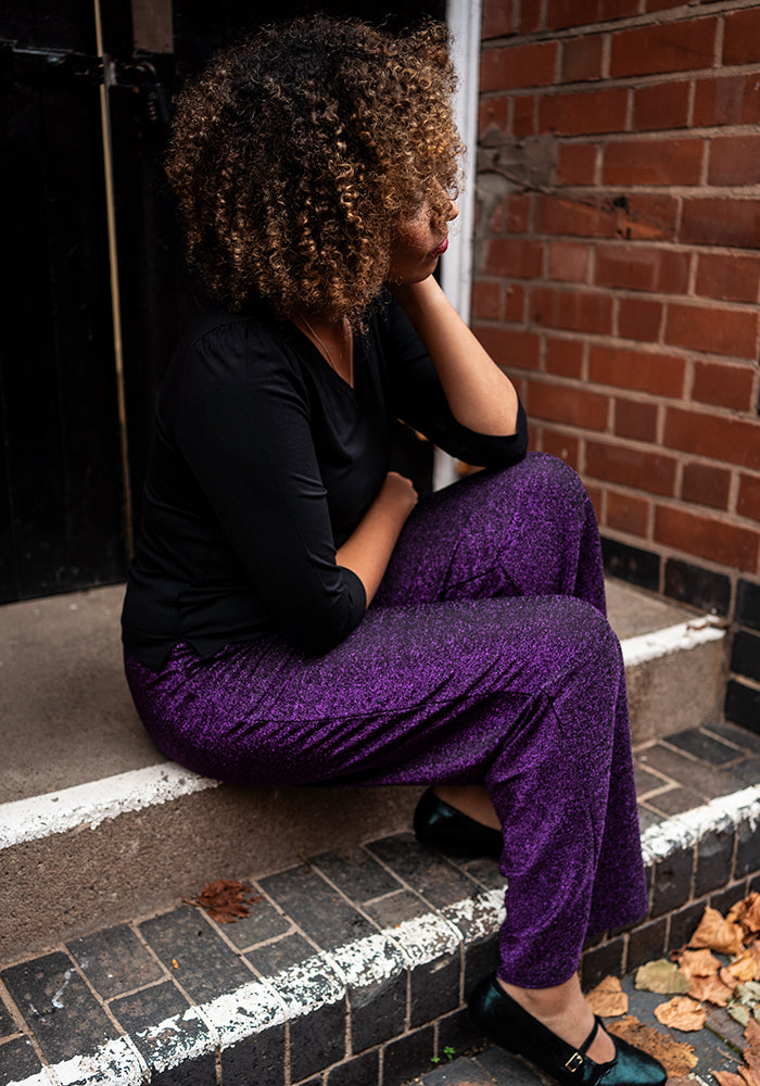 Sixth angle of Josey Black &amp; Purple Full Leg Trousers