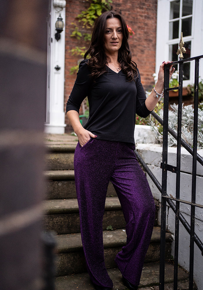 Seventh angle of Josey Black &amp; Purple Full Leg Trousers