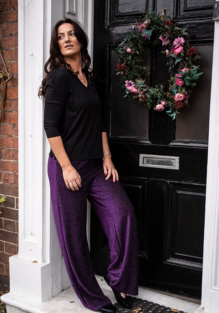 Fourth angle of Josey Black &amp; Purple Full Leg Trousers