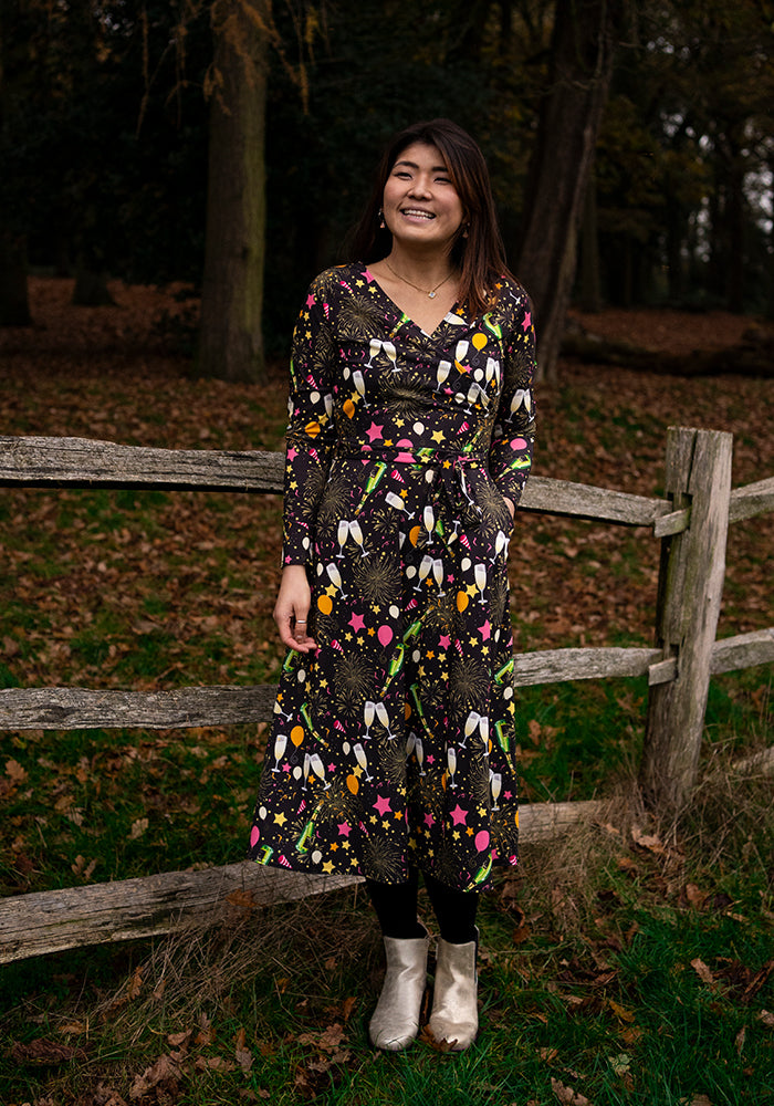 Front view of Jubel Celebration Print Midi Dress
