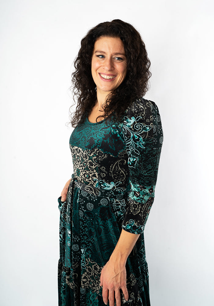 ** PRE ORDER ** Jozette Patchwork Paisley Printed Velour Midaxi Dress ** PRE ORDER **