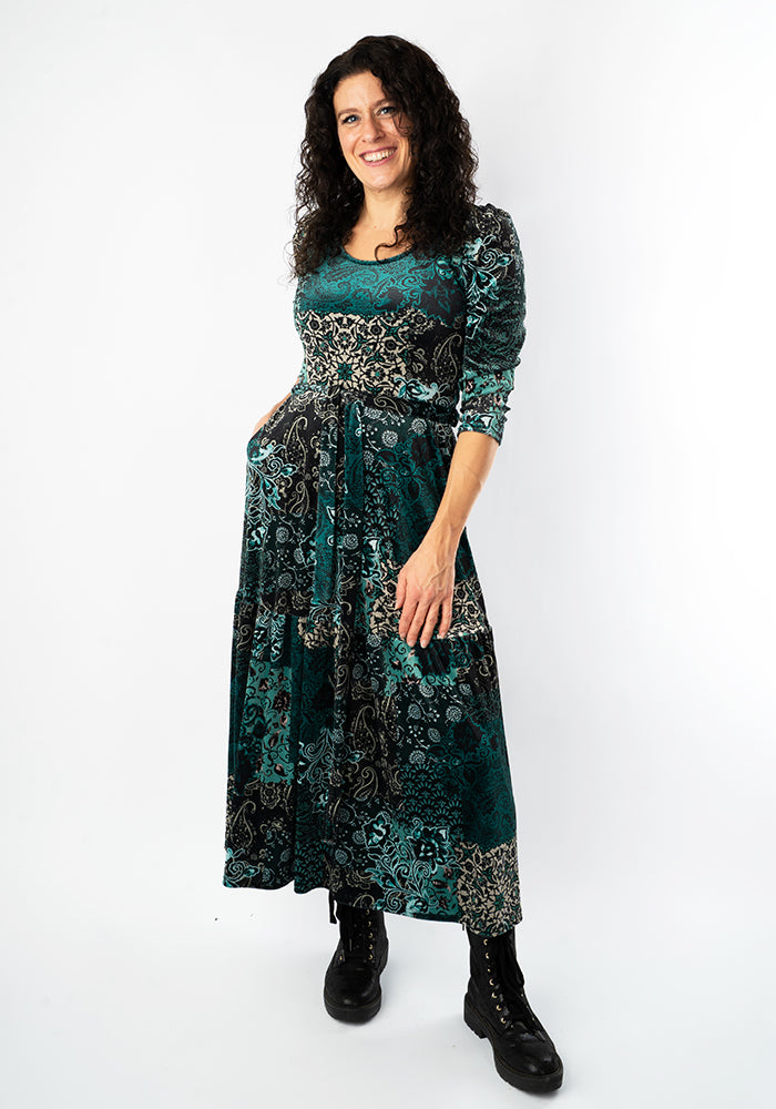 ** PRE ORDER ** Jozette Patchwork Paisley Printed Velour Midaxi Dress ** PRE ORDER **