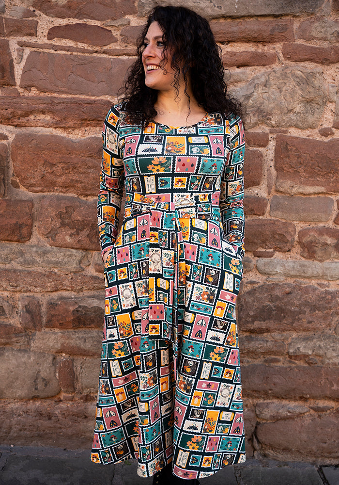 Front view of Jude Stamps Print Cotton Midi Dress