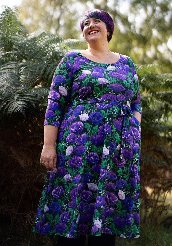 Front view of Judy Purple Poppy Print Jersey Midi Dress