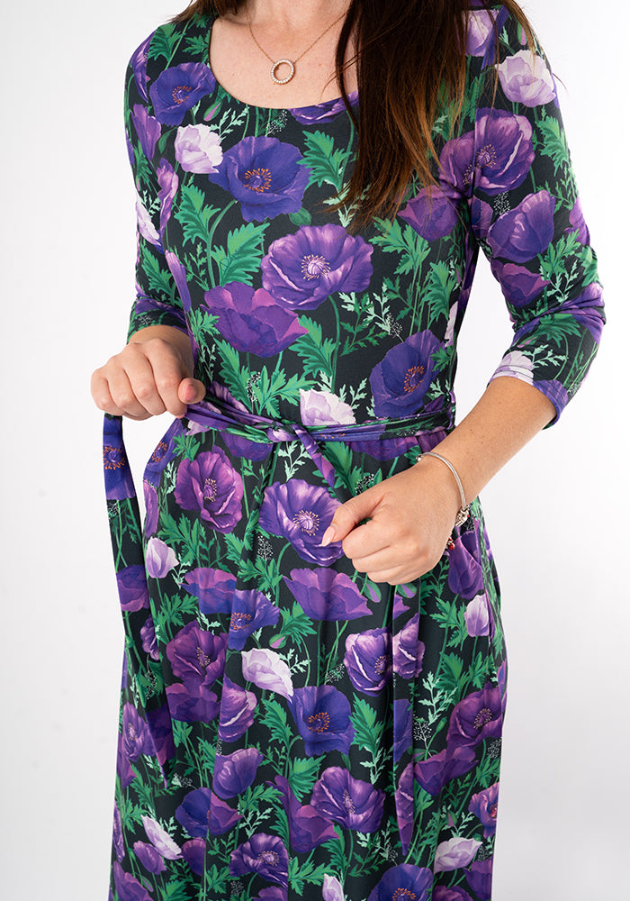 Fifth angle of Judy Purple Poppy Print Jersey Midi Dress