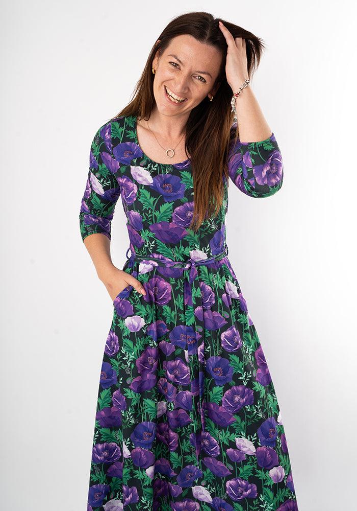 Judy Purple Poppy Print Midi Dress
