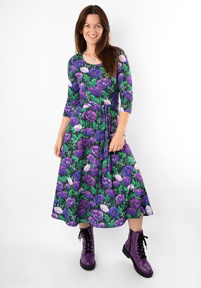 Third angle of Judy Purple Poppy Print Jersey Midi Dress