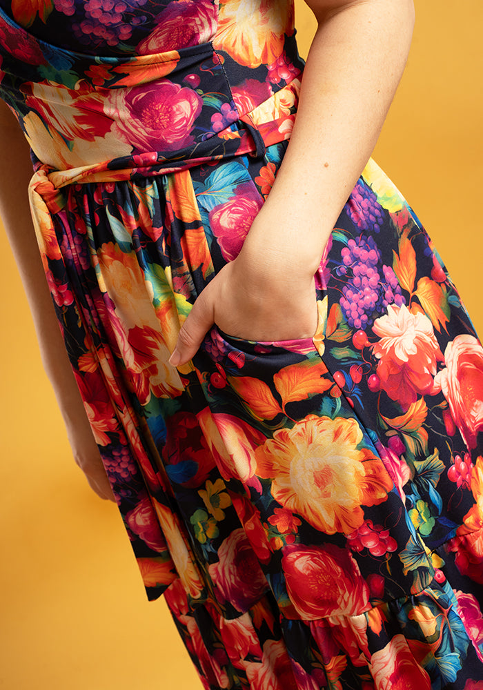 Jules Bright Blurred Floral Print Tiered Hem Midaxi Dress