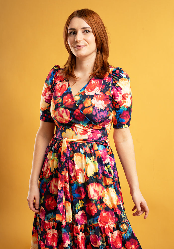 Jules Bright Blurred Floral Print Tiered Hem Midaxi Dress