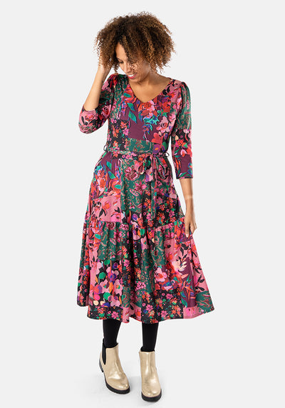 Julianna Autumn Patchwork Print Tiered Hem Midi Dress