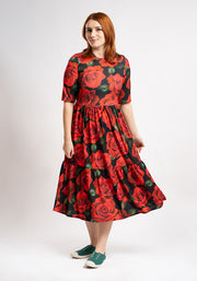 **PRE-ORDER** Julietta Red Rose Print Midi Dress **PRE-ORDER**