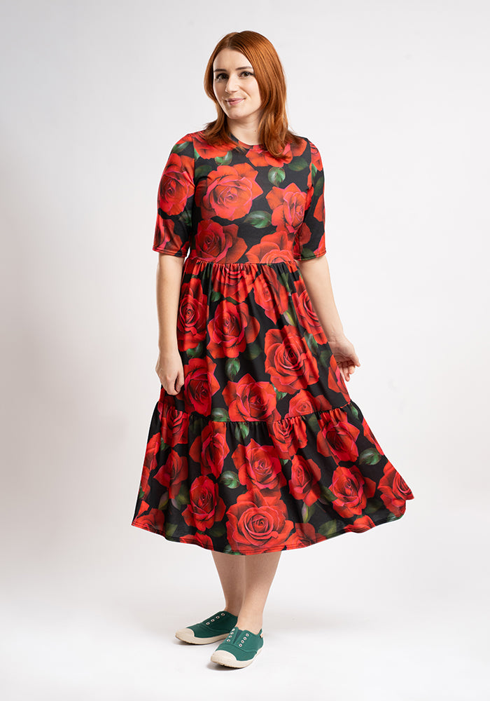 **PRE-ORDER** Julietta Red Rose Print Midi Dress **PRE-ORDER**