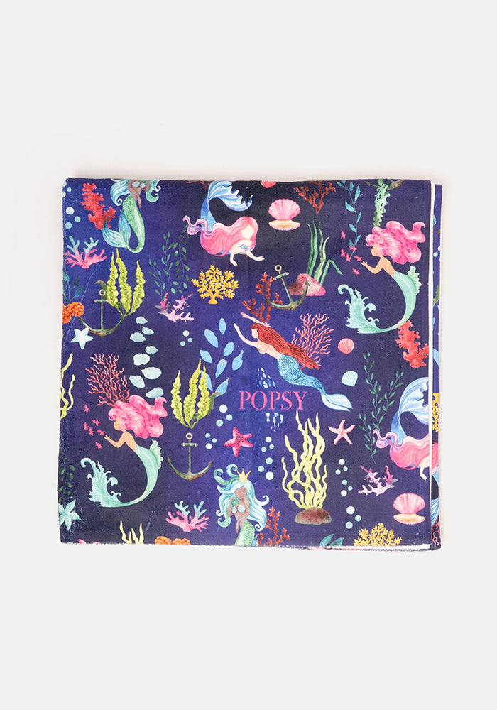 Third angle of Navy Mermaid Print Jumbo Bath Sheet