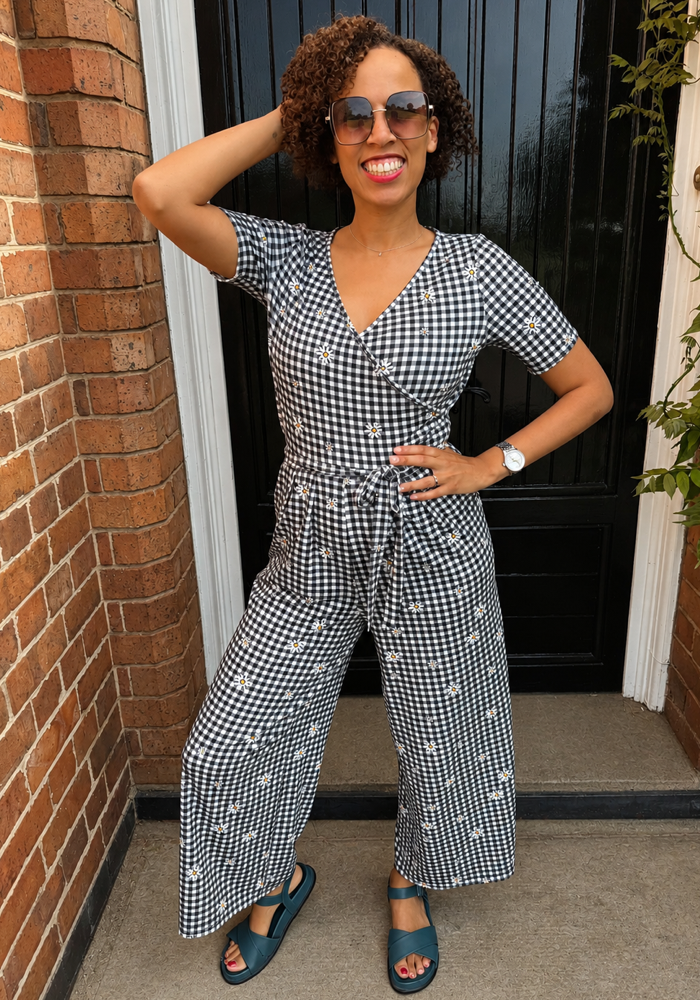 Front view of Deidra Daisy Gingham Check Print Jersey Culotte Jumpsuit