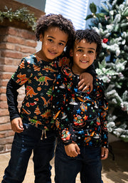Children's Christmas Sleigh Dinosaur Print Cotton T-Shirt (Quill)