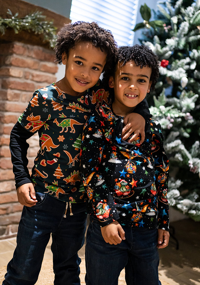 Children's Christmas Sleigh Dinosaur Print Cotton T-Shirt (Quill)