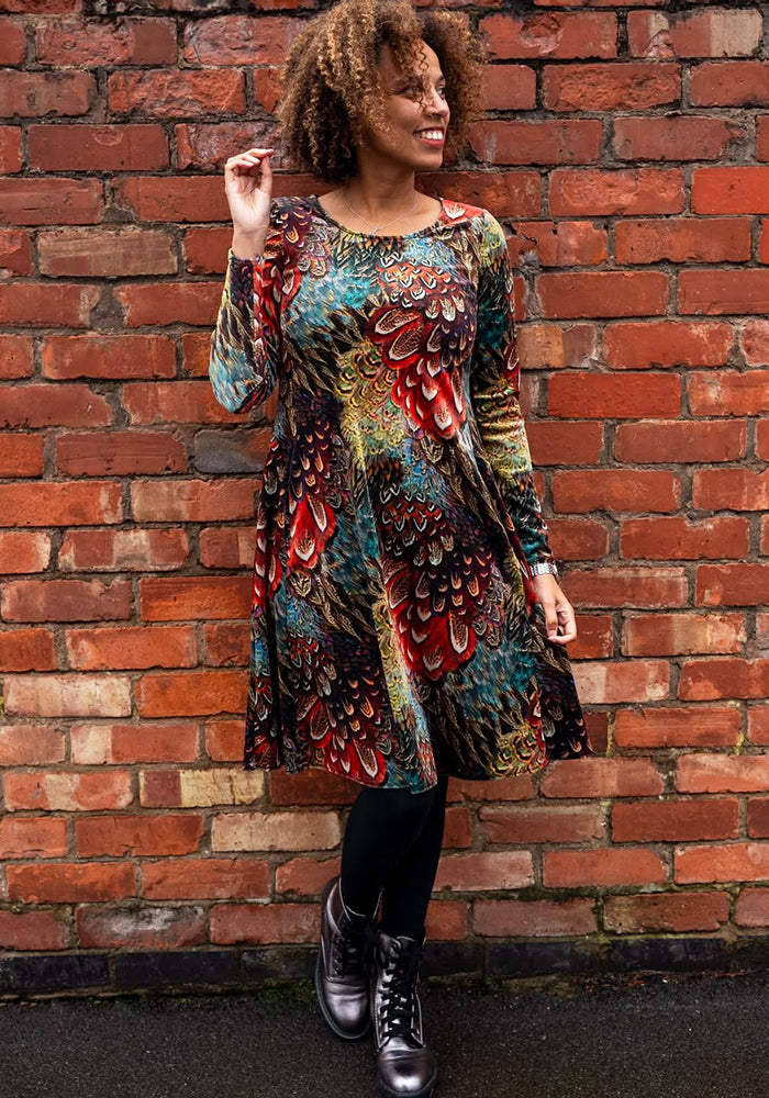 Print Cost Icon Kiria Brown Feather Print Trapeze Dress I Partywear I Popsy Clothing
